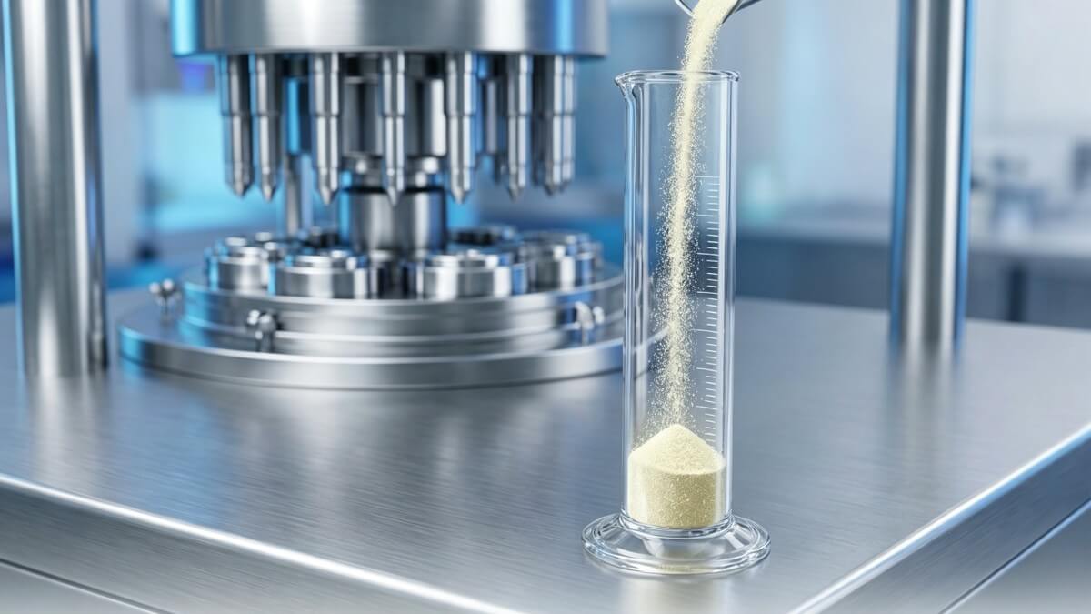 Crystalline NMNH sodium powder flowing into a graduated cylinder in a GMP laboratory.