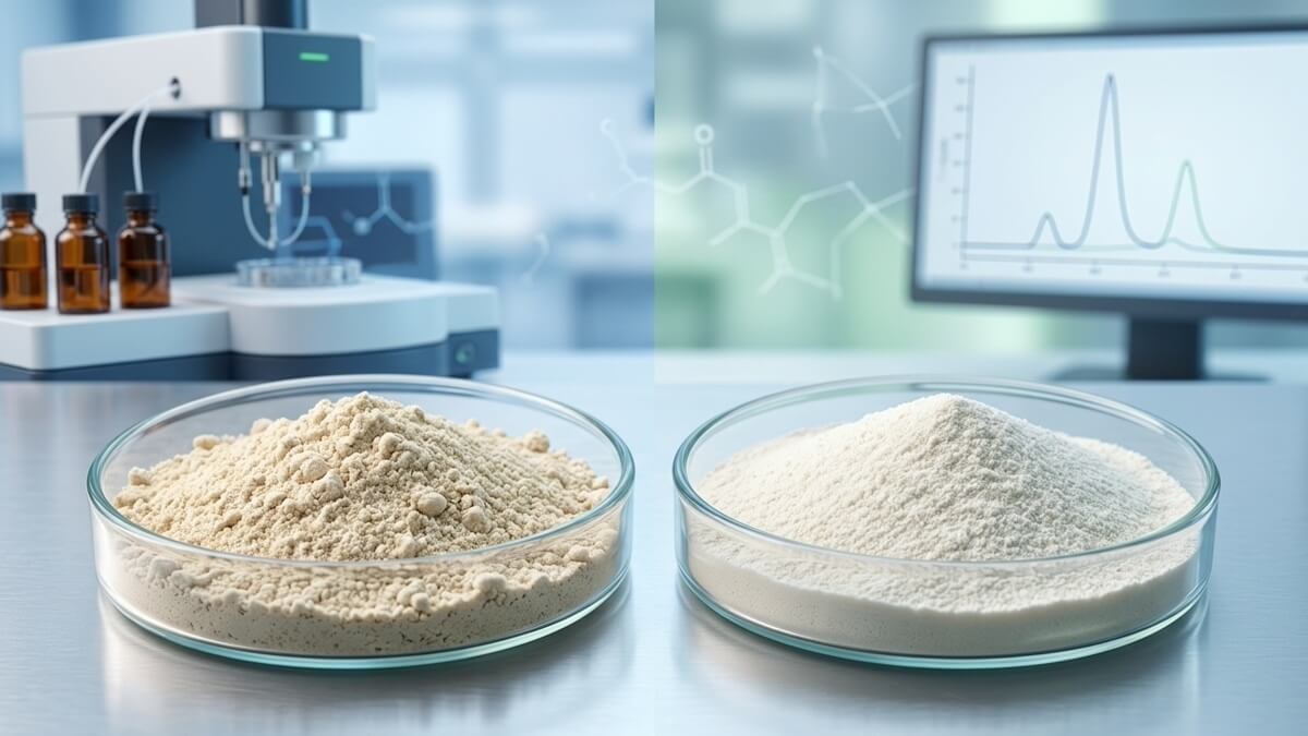 Detailed technical comparison of sunflower and soy phosphatidylserine powders in laboratory dishes.
