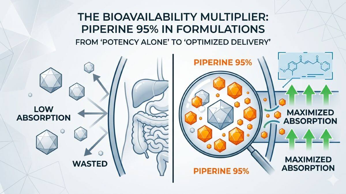 Piperine 95% bioavailability multiplier diagram showing optimized nutrient absorption in supplement formulations.
