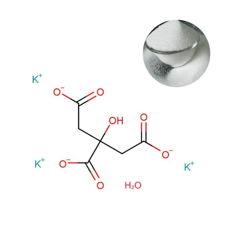Potassium Citrate Monohydrate Powder with Molecular Structure (C6H5K3O7·H2O)
