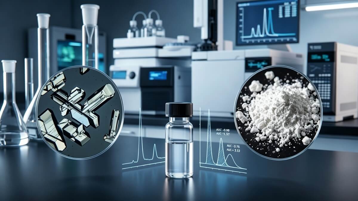 Pterostilbene Form I crystals, HPLC spectrum, and raw powder in a laboratory setup.