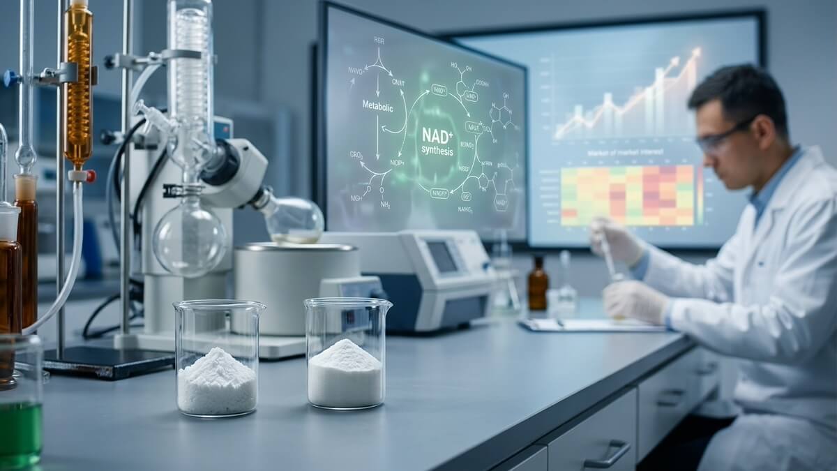 Two beakers of white active powders in a lab with NAD synthesis screens.