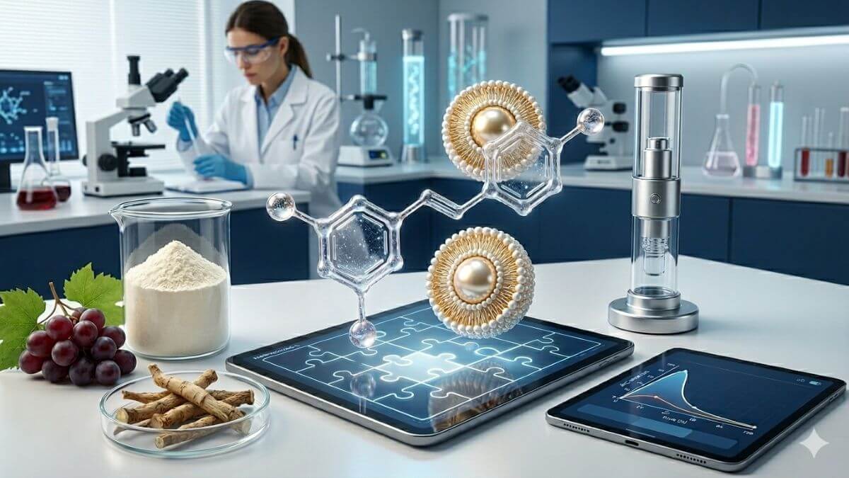 Advanced resveratrol delivery systems and bioavailability enhancement technologies in a biotech laboratory setting.