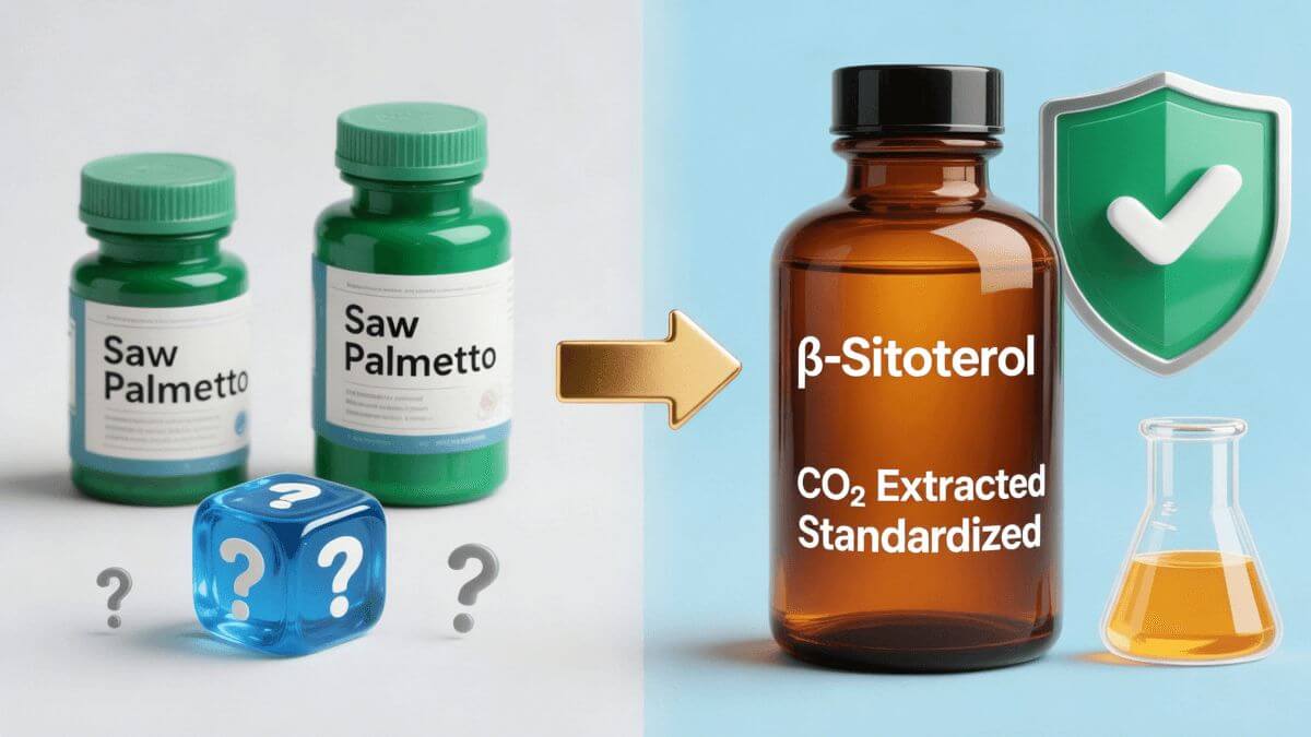 Clear illustration contrasting the gamble of generic supplements with the scientific assurance of a standardized saw palmetto extract.