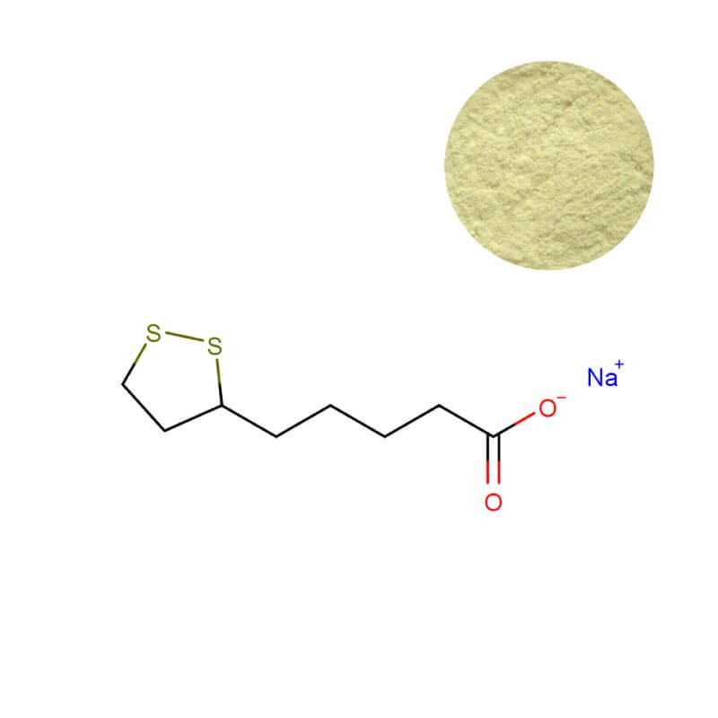 Bulk Sodium R-Lipoic Acid Powder for supplements, featuring 99% purity molecular structure and crystalline texture - Oclean Nutra.