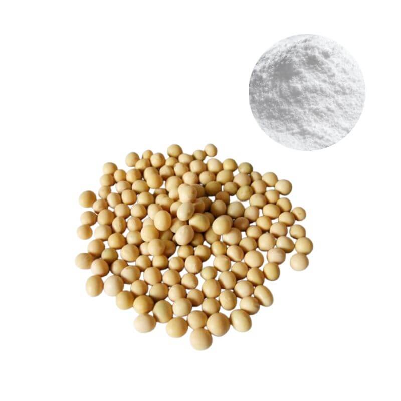 White S-Equol powder sourced from soy fermentation with natural soybeans on side