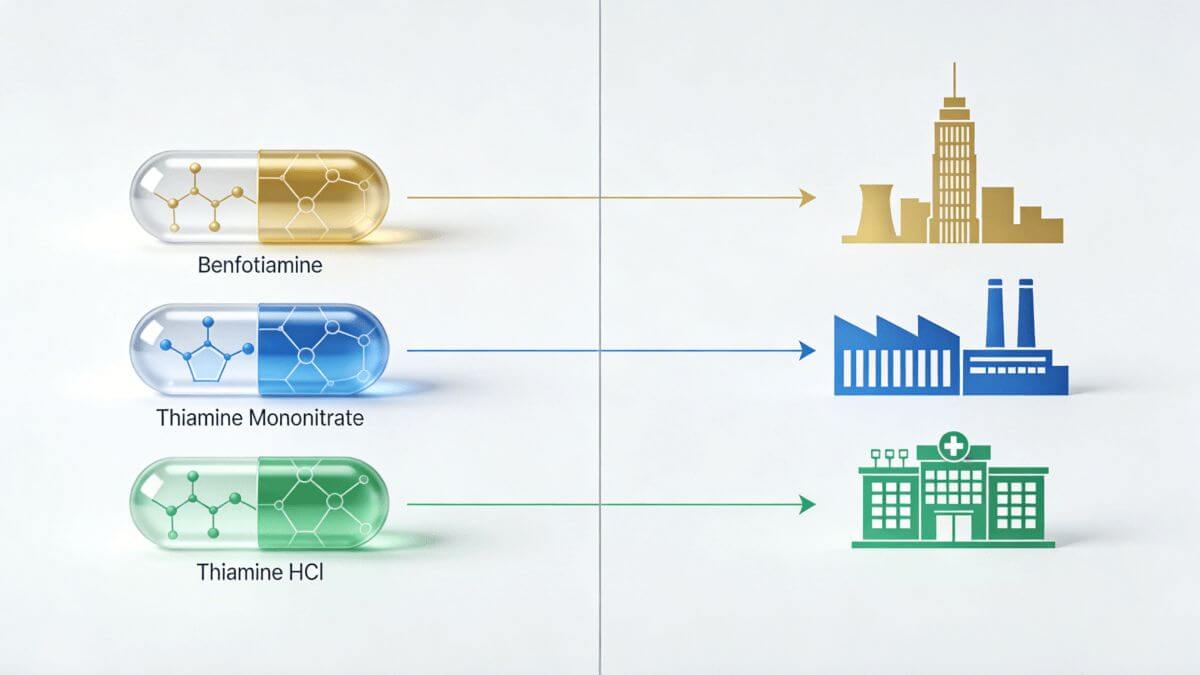 An infographic showing how Benfotiamine, Thiamine Mononitrate, and Thiamine HCl strategically connect to premium, industrial, and clinical markets.