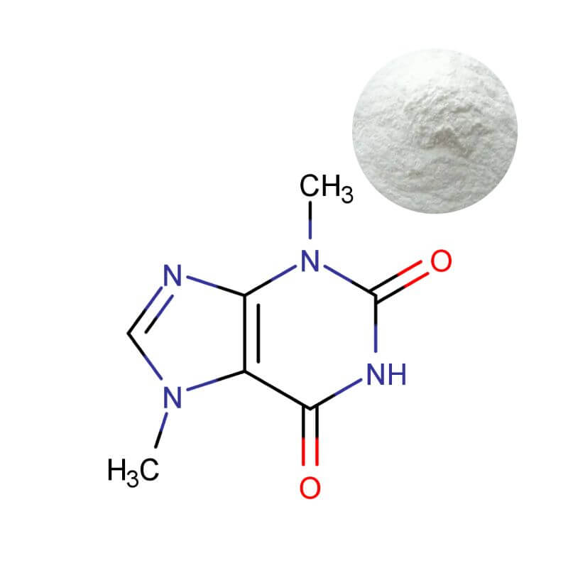 High-purity 99% Theobromine powder with molecular structure for nootropic and cardio formulations.