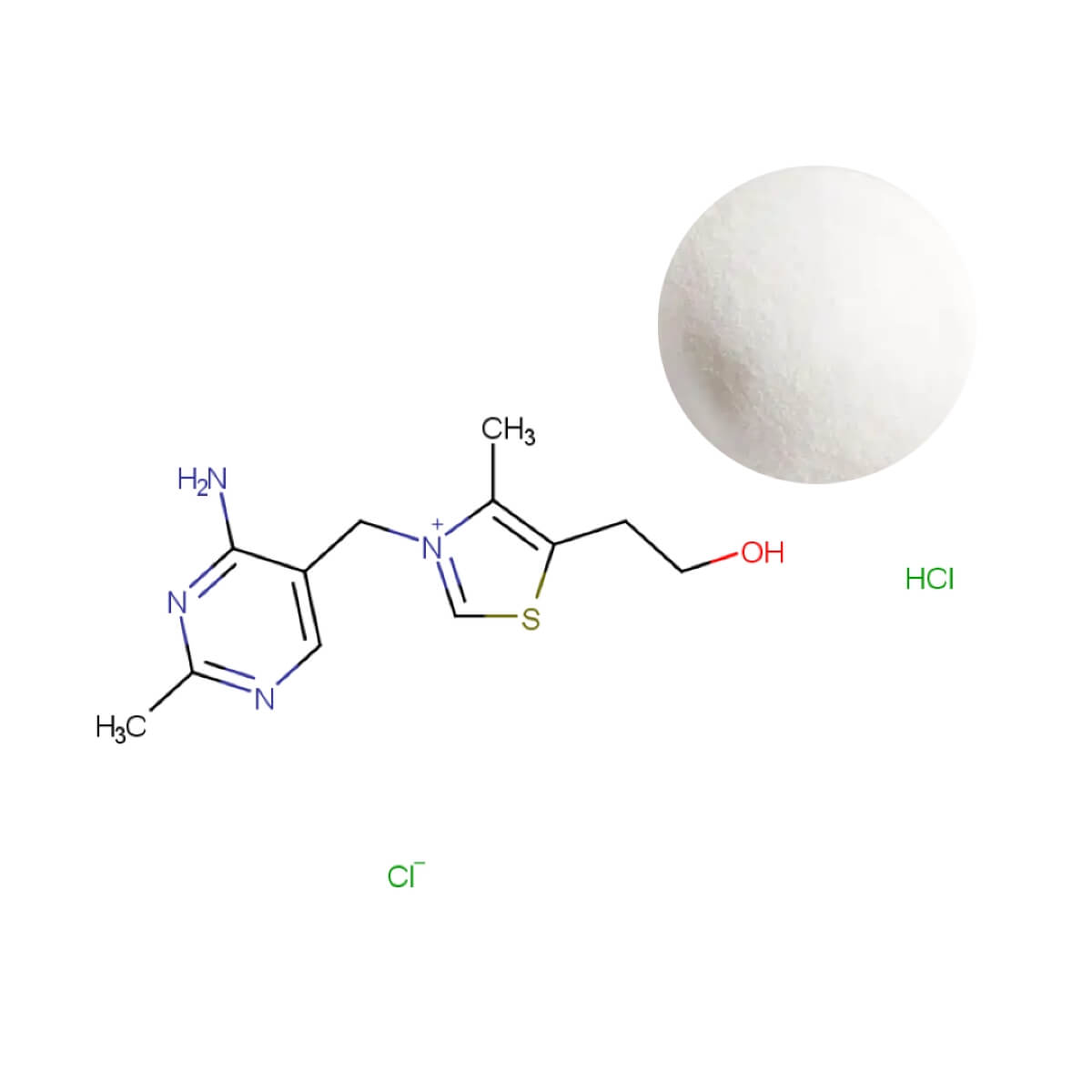 Thiamine HCl (Vitamin B1 ) powder (molecular structure), a stable essential cofactor for carbohydrate metabolism, energy production supplements