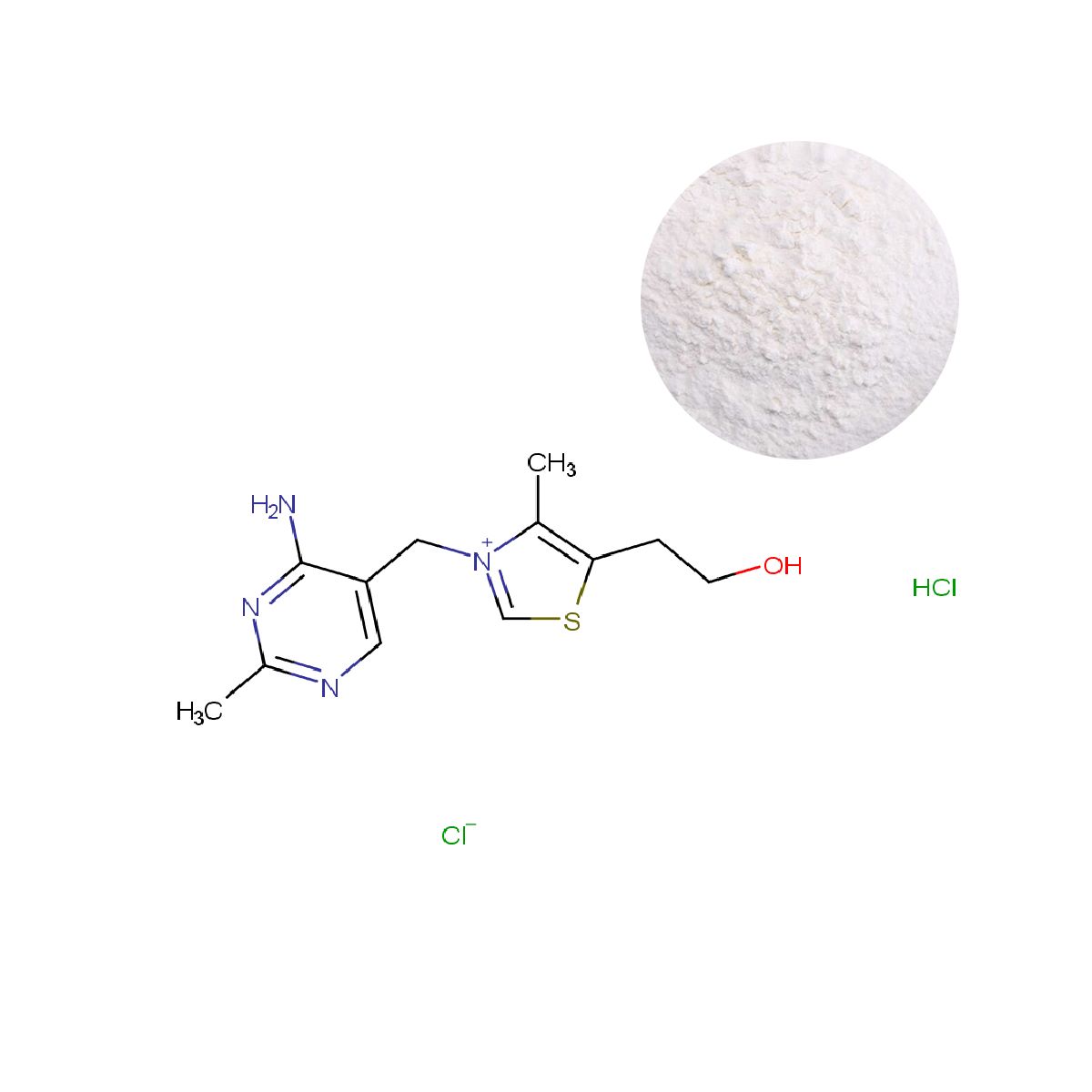 Thiamine Hydrochloride bulk powder and its chemical formula, supplied by Oclean Nutra.