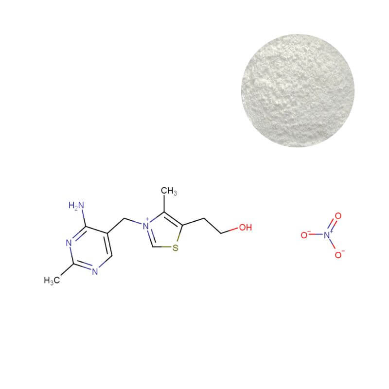 High-purity Thiamine Mononitrate Vitamin B1 powder with molecular structure, a stable ingredient for food fortification and animal feed.