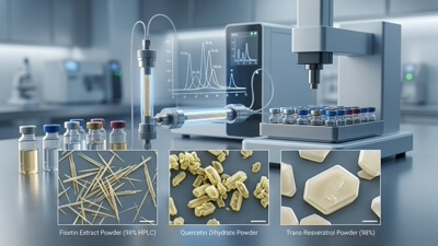 SEM analysis of fisetin needle-like crystals and quercetin powder under quality inspection