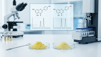 Highly purified apigenin crystalline powder sample under analytical inspection.