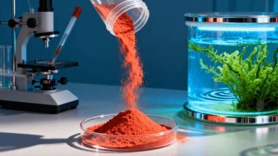 In a professional laboratory, a glass tank of Haematococcus pluvialis algae is shown next to a sample of the natural astaxanthin powder it produces.