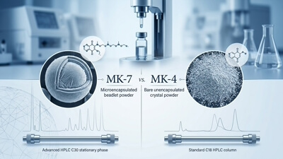 Microencapsulated Vitamin K2 MK-7 beadlets powder isolated from reactive mineral surfaces.