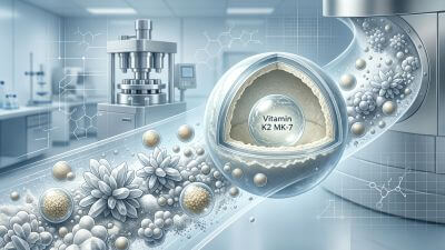 Microencapsulated K2 MK7 particle cross-section in powder matrix.
