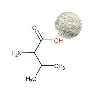 L-Valine Powder and Molecular Structure from a Food Grade Supplier.