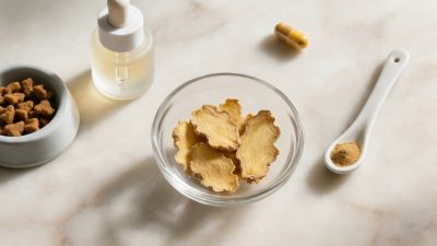 Zingerone powder and ginger slices on marble, three industry icons – blog thumbnail