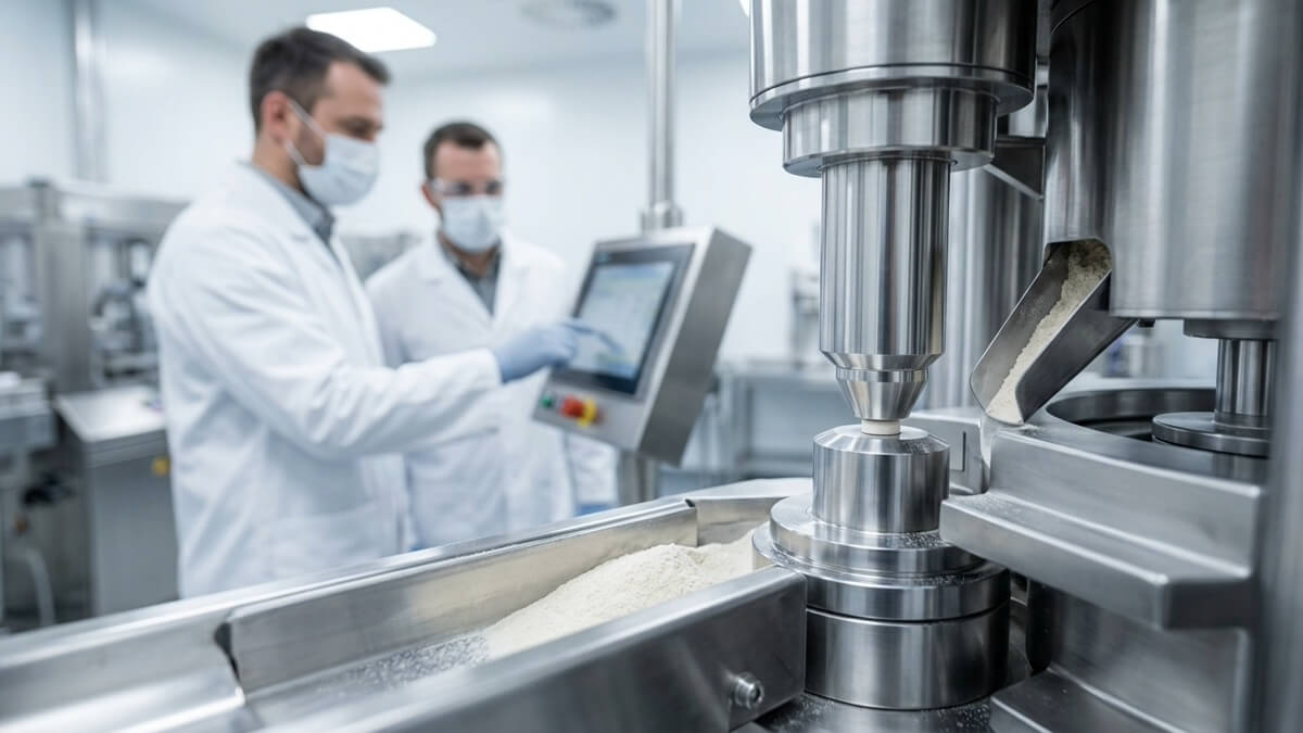 Precision rotary tablet press filling hopper with free-flowing urolithin a powder in GMP lab