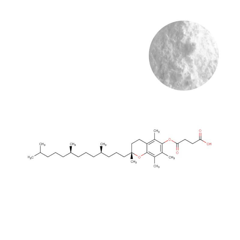 Vitamin E Succinate Powder with molecular structure, CAS 4345-03-3, 1185 & 1210 IU/g.