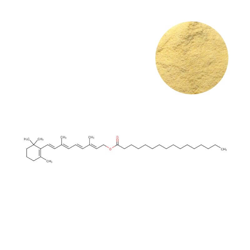 Vitamin A Palmitate powder showing particle morphology, chemical structure for supplements