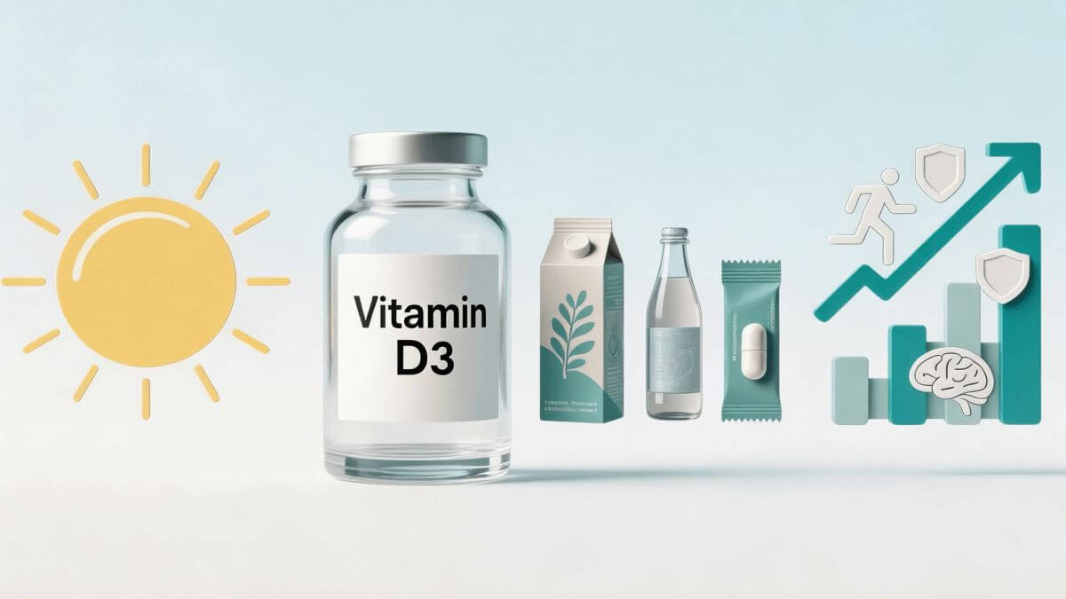 Infographic illustrating Vitamin D3’s journey from sunshine to supplements, fortified foods, and beverages, alongside market growth trends.