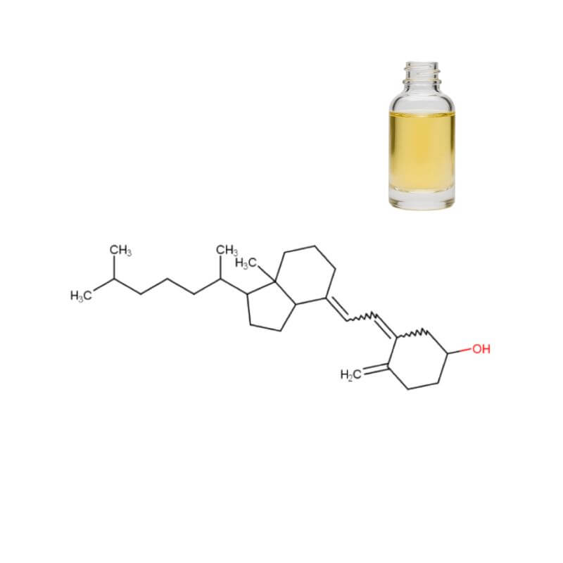 High-potency Vitamin D3 (Cholecalciferol) Oil in bottle with molecular structure diagram C27H44O