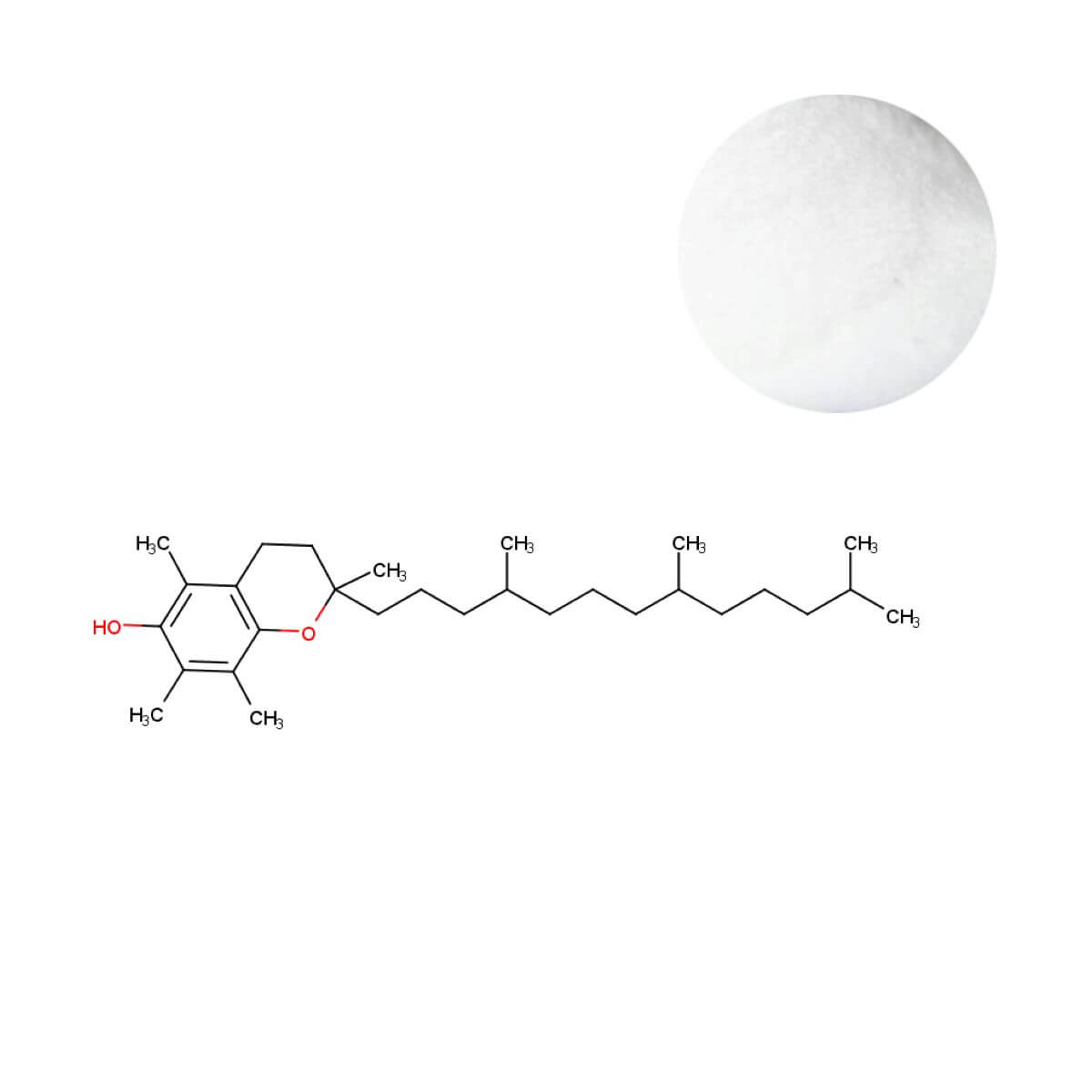 Vitamin E Tocopherol Powder (d-alpha-Tocopherol) shown as free-flowing powder next to its molecular structure diagram.