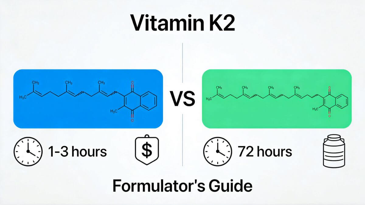 Visual comparison of Vitamin K2 MK-4 vs MK-7 showing half-life differences, and key application considerations for supplement formulators