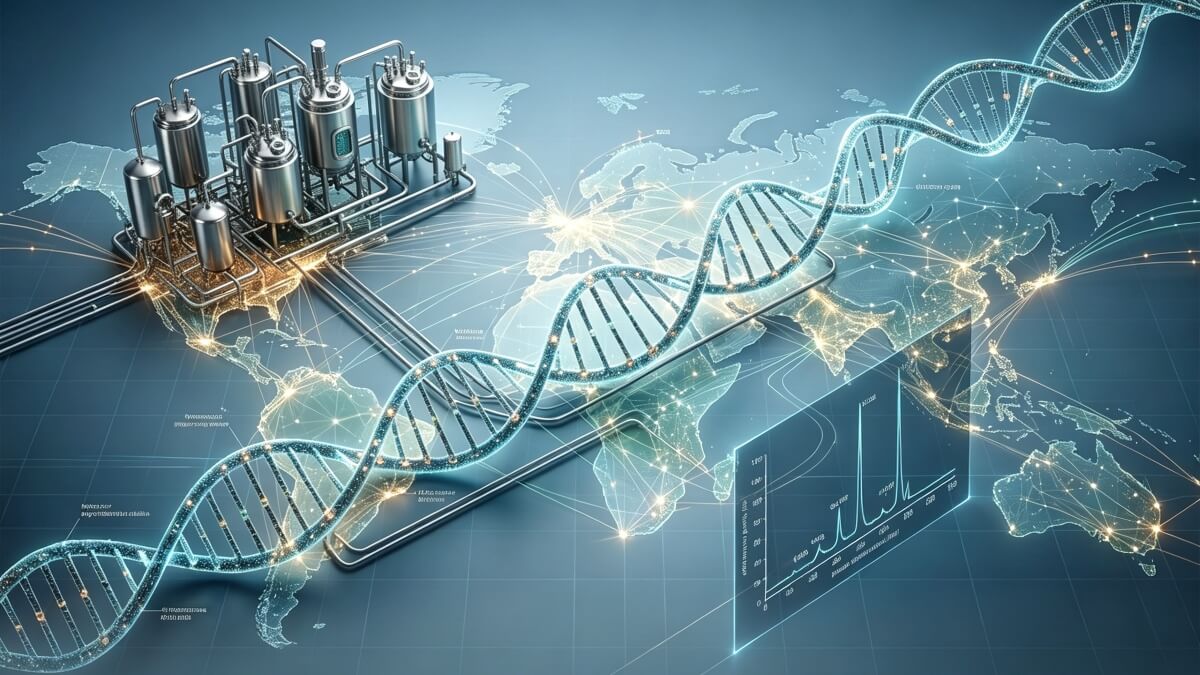 DNA double helix, bioreactor tanks, and HPLC purity graph.