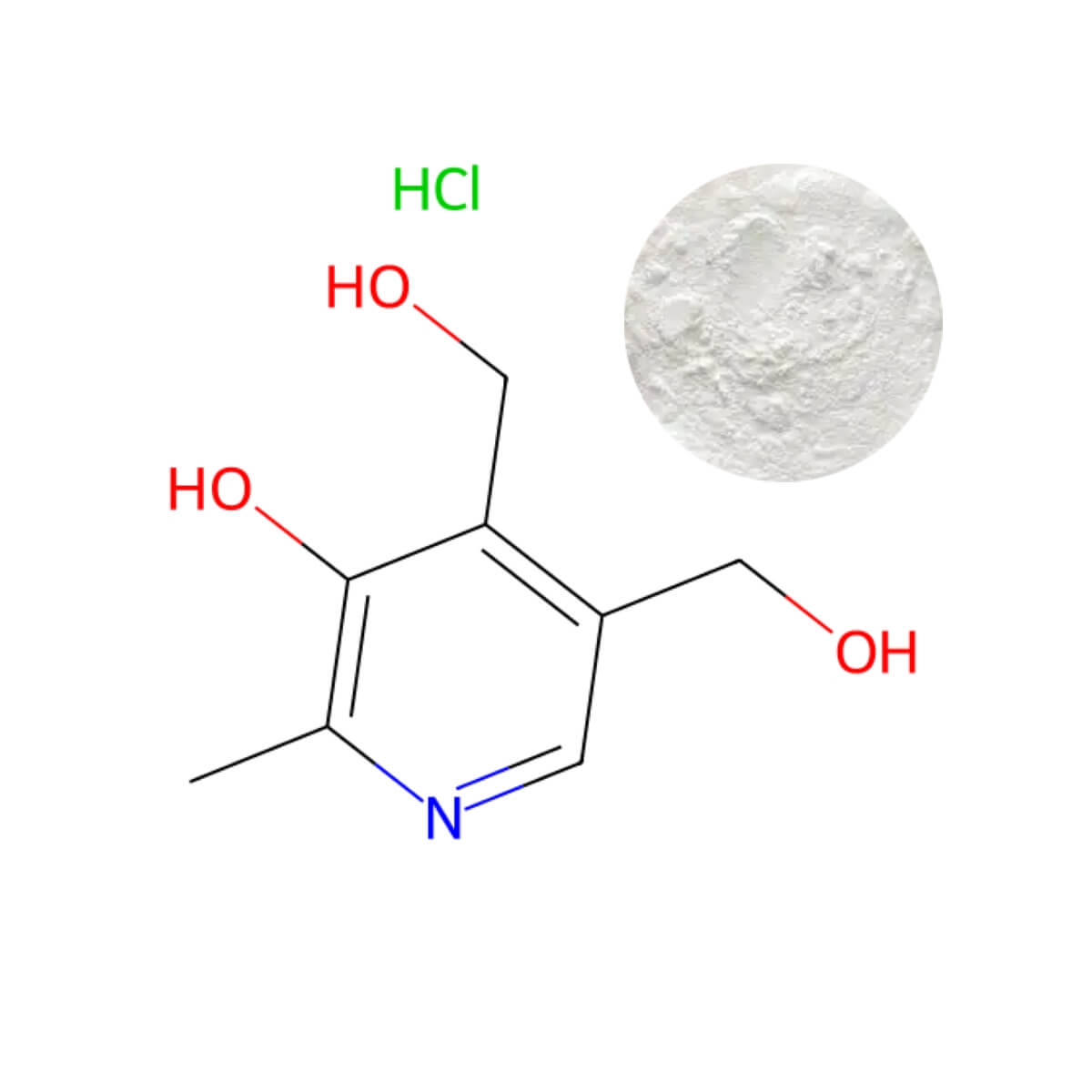 Pyridoxine HCl (Vitamin B6) Powder (molecular structure), stable versatile form for food fortification, energy metabolism, supplements