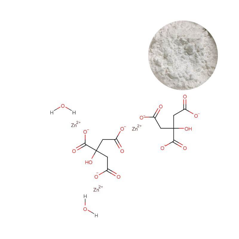 Premium bulk zinc citrate powder showcasing active material appearance and molecular structure.